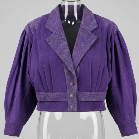 VTG Giorgio Ferrini Purple Suede 80s Cropped Jacket Paisley Boho Biker M - MINT - Picture 11 of 12